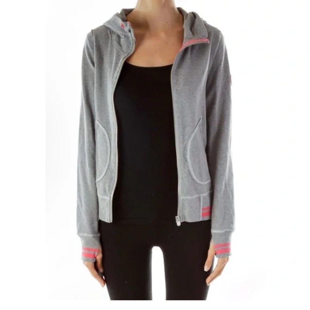 Lululemon-6-gray& pink stripe-flashback full-zip, sweatshirt, thumb hole, hoodie